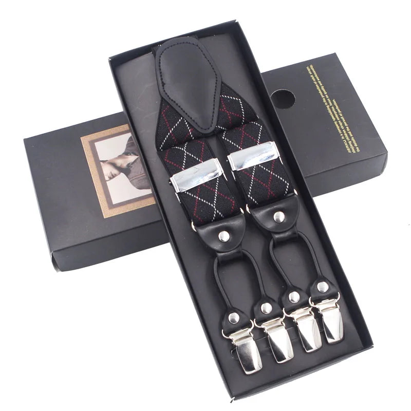 Fashion Suspenders Black leather 6 Clips Braces Vintage Casual Suspensorio Tirante Trousers Strap bretele Father/Husband's Gift