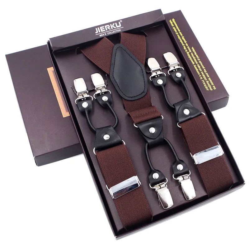 Fashion Suspenders Black leather 6 Clips Braces Vintage Casual Suspensorio Tirante Trousers Strap bretele Father/Husband's Gift