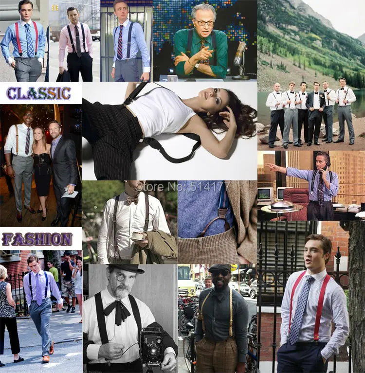 Fashion Suspenders Black leather 6 Clips Braces Vintage Casual Suspensorio Tirante Trousers Strap bretele Father/Husband's Gift
