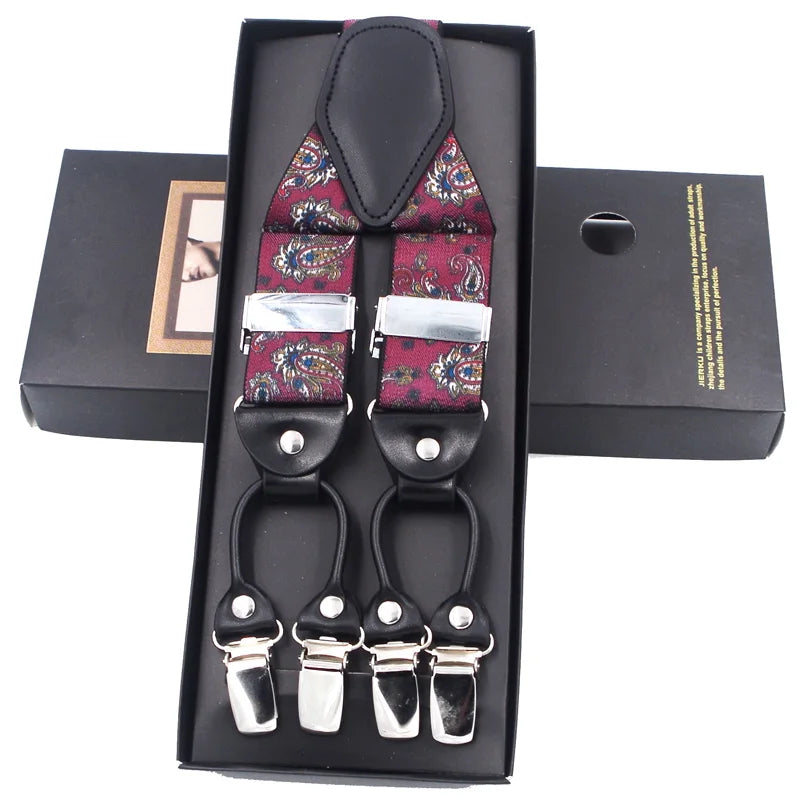 Fashion Suspenders Black leather 6 Clips Braces Vintage Casual Suspensorio Tirante Trousers Strap bretele Father/Husband's Gift