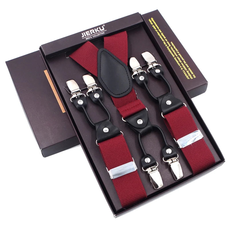 Fashion Suspenders Black leather 6 Clips Braces Vintage Casual Suspensorio Tirante Trousers Strap bretele Father/Husband's Gift