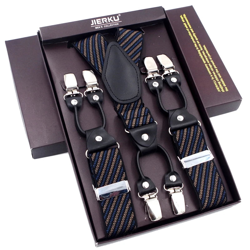 Fashion Suspenders Black leather 6 Clips Braces Vintage Casual Suspensorio Tirante Trousers Strap bretele Father/Husband's Gift