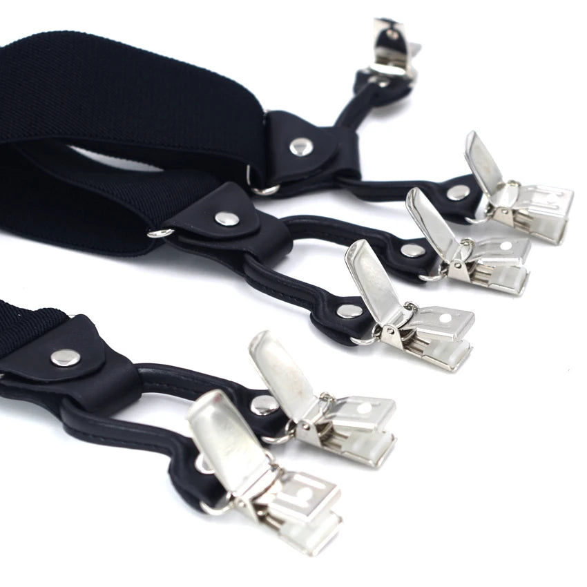 Fashion Suspenders Black leather 6 Clips Braces Vintage Casual Suspensorio Tirante Trousers Strap bretele Father/Husband's Gift