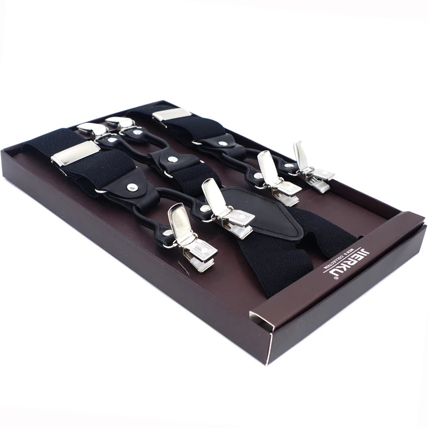 Fashion Suspenders Black leather 6 Clips Braces Vintage Casual Suspensorio Tirante Trousers Strap bretele Father/Husband's Gift