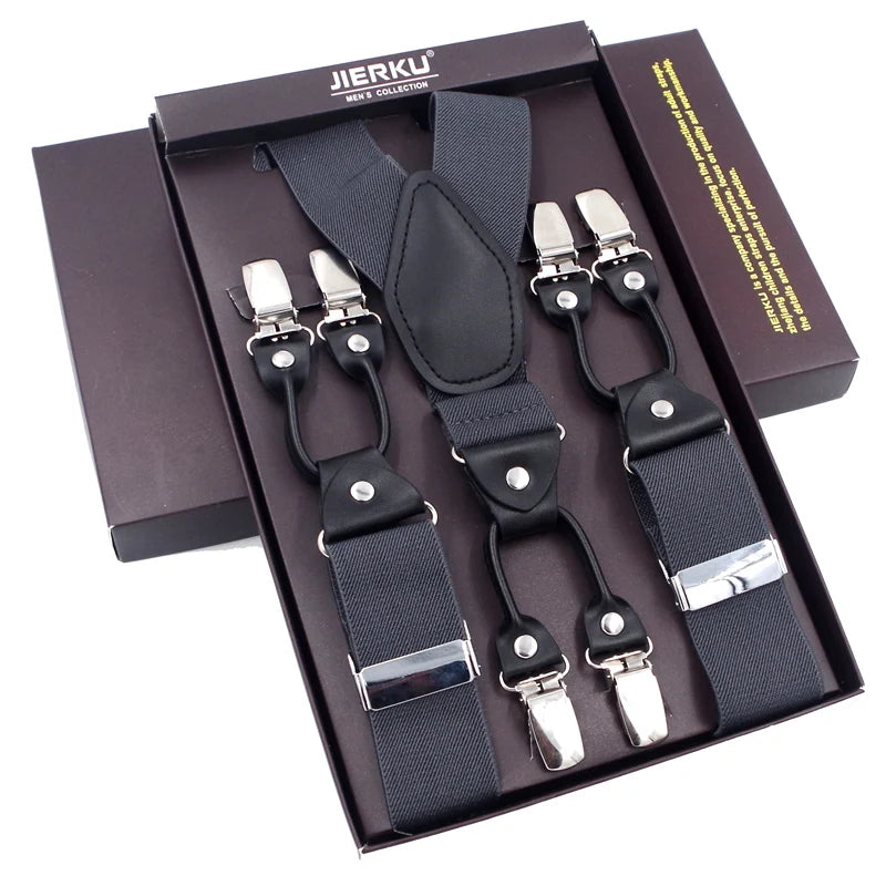 Fashion Suspenders Black leather 6 Clips Braces Vintage Casual Suspensorio Tirante Trousers Strap bretele Father/Husband's Gift