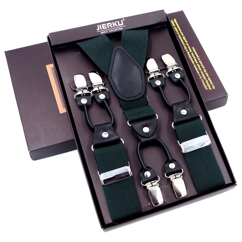 Fashion Suspenders Black leather 6 Clips Braces Vintage Casual Suspensorio Tirante Trousers Strap bretele Father/Husband's Gift