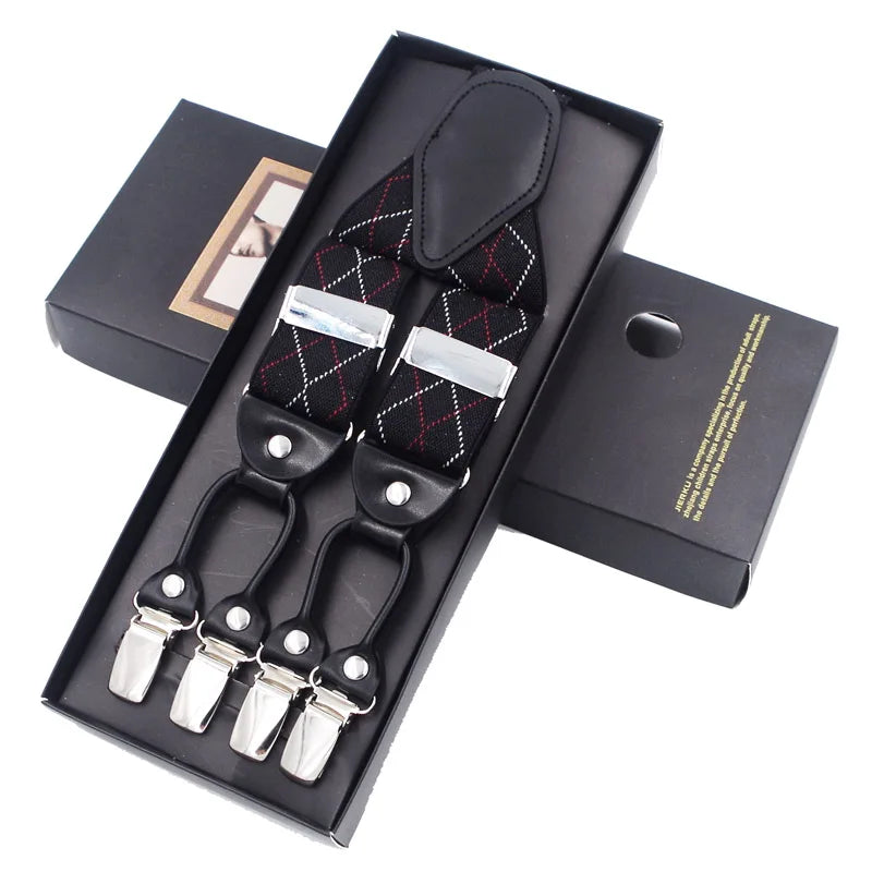 Fashion Suspenders Black leather 6 Clips Braces Vintage Casual Suspensorio Tirante Trousers Strap bretele Father/Husband's Gift