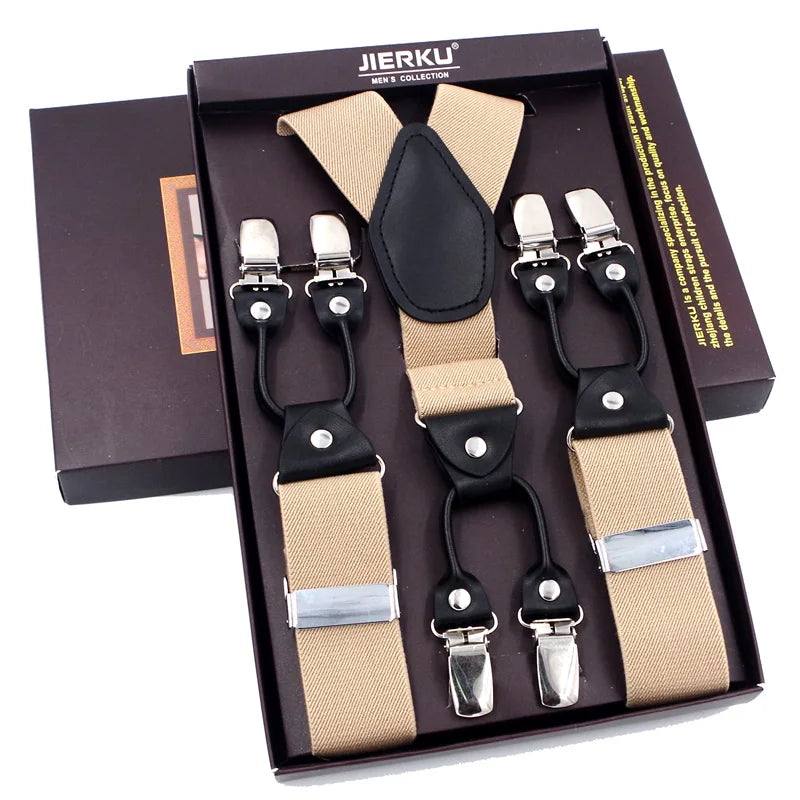 Fashion Suspenders Black leather 6 Clips Braces Vintage Casual Suspensorio Tirante Trousers Strap bretele Father/Husband's Gift