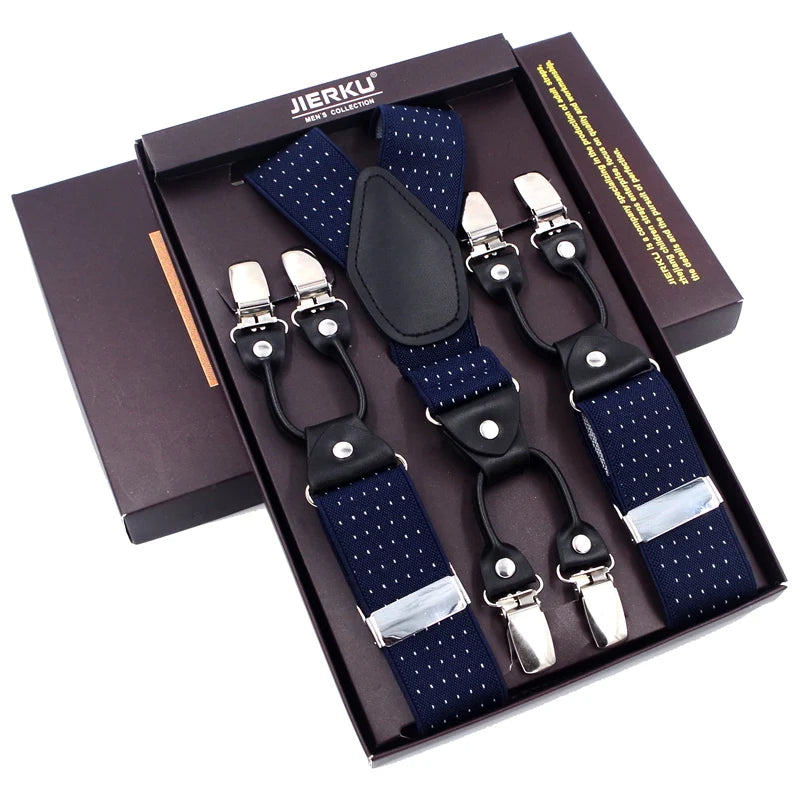 Fashion Suspenders Black leather 6 Clips Braces Vintage Casual Suspensorio Tirante Trousers Strap bretele Father/Husband's Gift