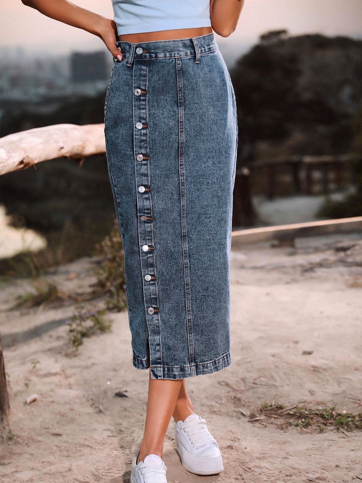 Saia jeans lápis maxi feminina