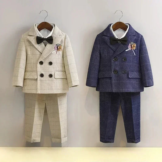 Terno para meninos para casamentos outono cavalheiro xadrez aniversário blazer conjunto 2 a 12 anos