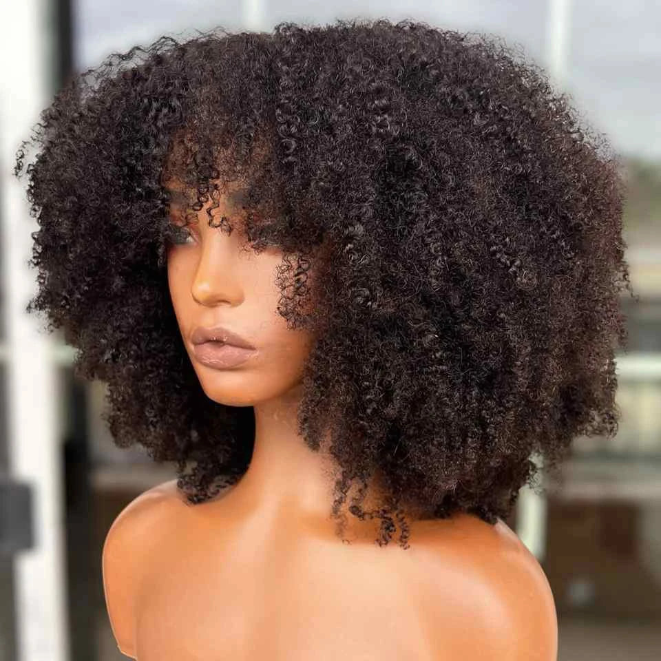 Peruca Curta Afro Kinky Cacheada | Corte Bob | Cor Vermelho Borgonha 99J | Sem Cola | Feita à Máquina | Cabelo Humano Indiano Remy com Franja | Preço Acessível