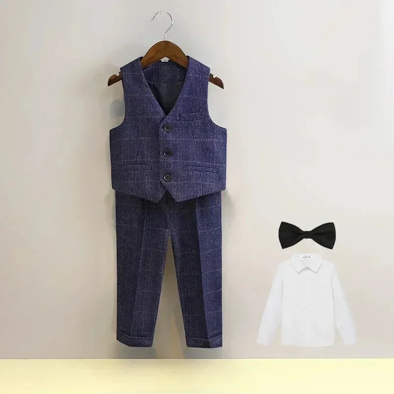 Terno para meninos para casamentos outono cavalheiro xadrez aniversário blazer conjunto 2 a 12 anos