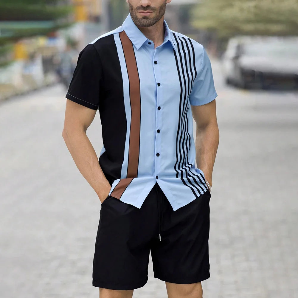Conjunto de camisa e shorts estampados listrados