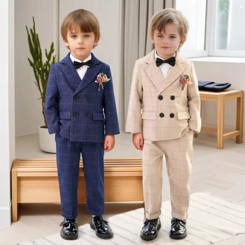 Terno para meninos para casamentos outono cavalheiro xadrez aniversário blazer conjunto 2 a 12 anos