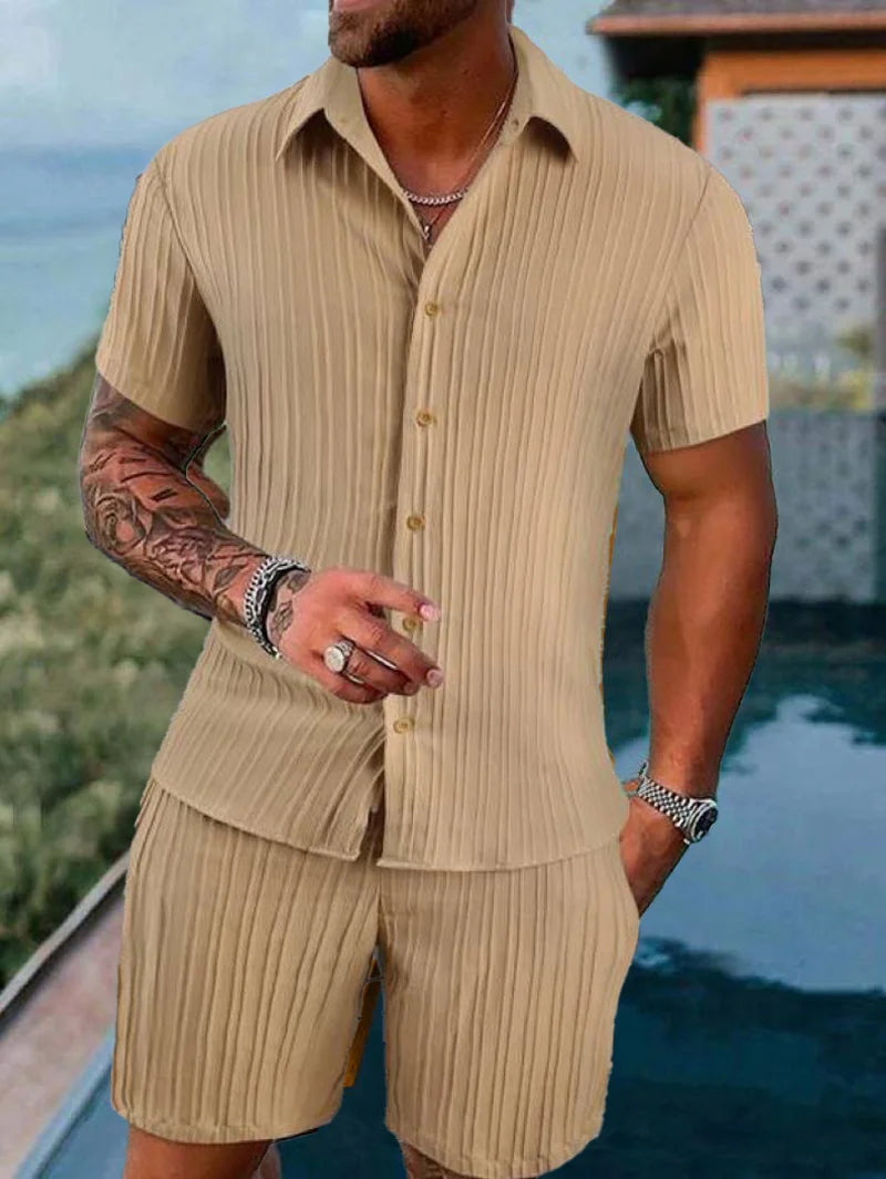 Terno de praia masculino listrado cor sólida