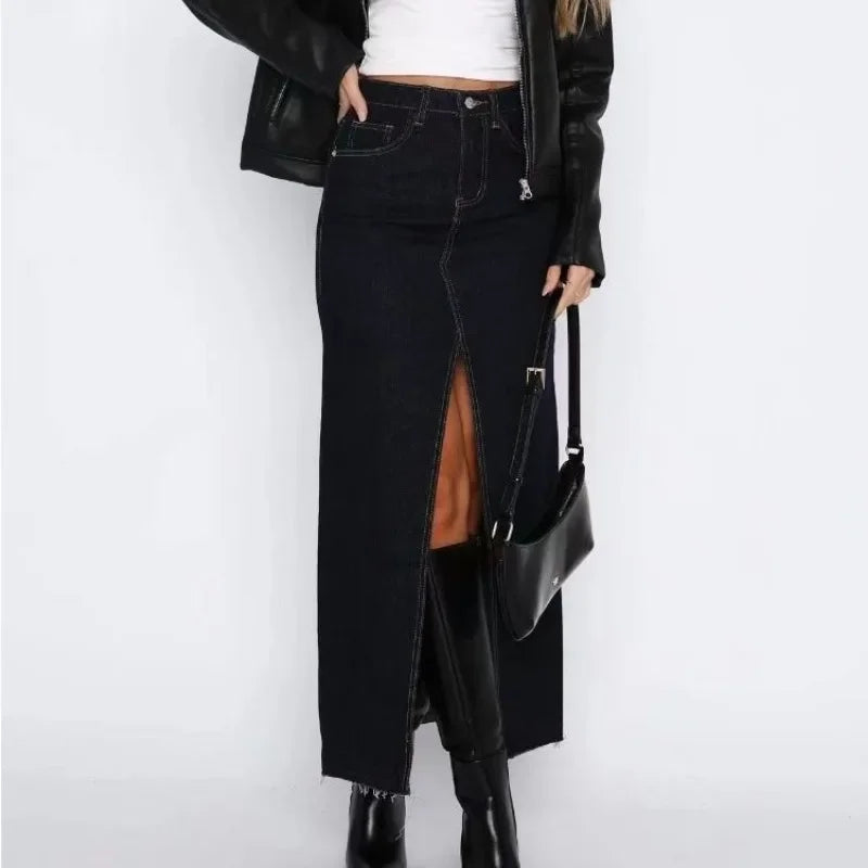 Nova saia jeans feminina de cintura alta
