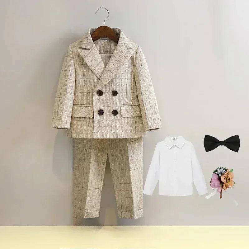 Terno para meninos para casamentos outono cavalheiro xadrez aniversário blazer conjunto 2 a 12 anos