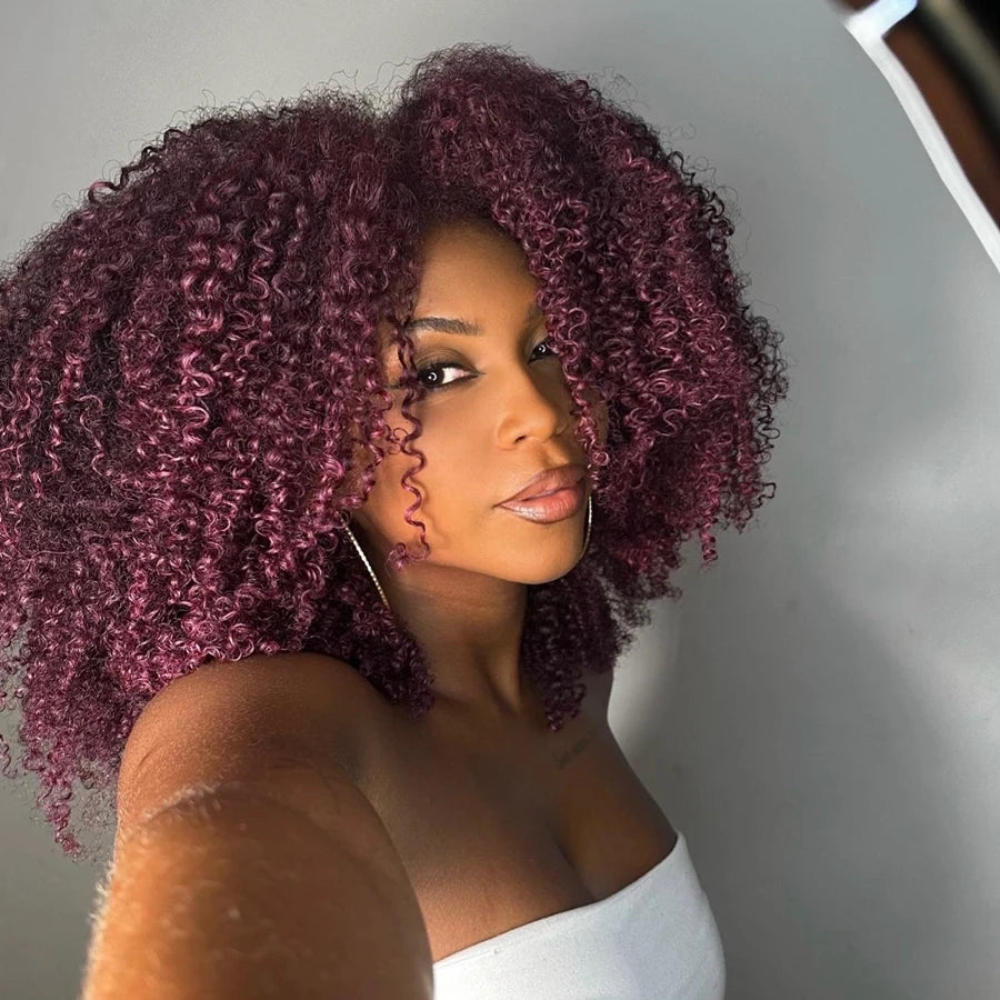 Peruca Curta Afro Kinky Cacheada | Corte Bob | Cor Vermelho Borgonha 99J | Sem Cola | Feita à Máquina | Cabelo Humano Indiano Remy com Franja | Preço Acessível