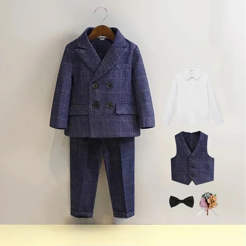 Terno para meninos para casamentos outono cavalheiro xadrez aniversário blazer conjunto 2 a 12 anos