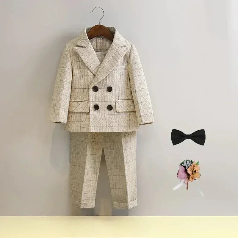Terno para meninos para casamentos outono cavalheiro xadrez aniversário blazer conjunto 2 a 12 anos