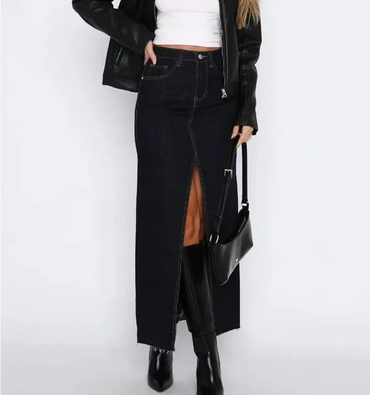 Nova saia jeans feminina de cintura alta