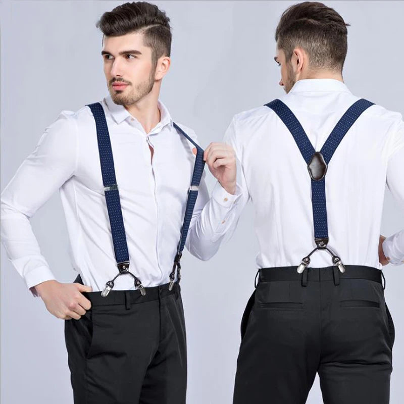 Fashion Suspenders Black leather 6 Clips Braces Vintage Casual Suspensorio Tirante Trousers Strap bretele Father/Husband's Gift