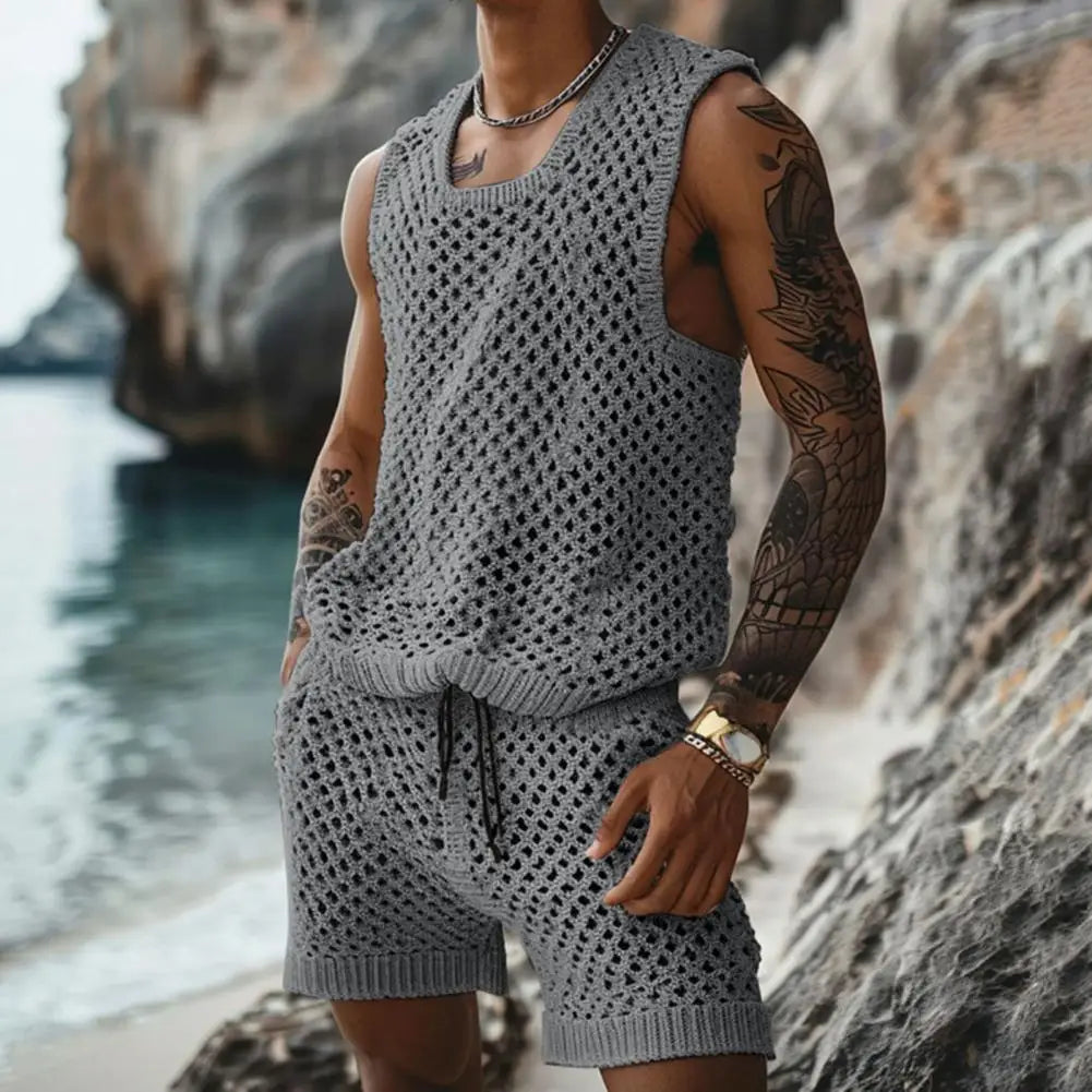 Conjunto de colete e shorts masculino casual sem mangas