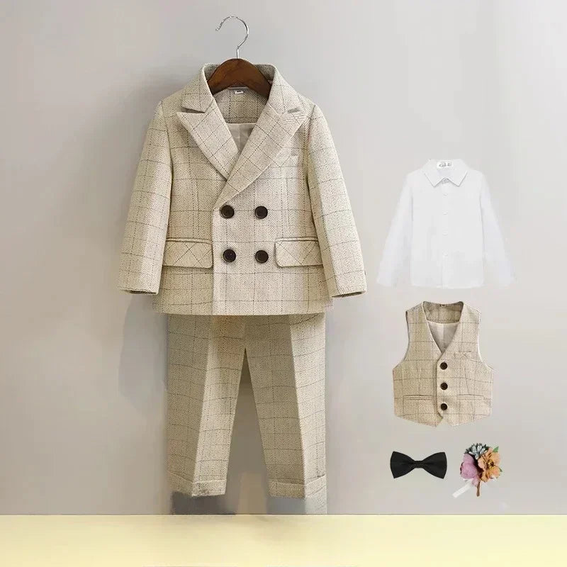 Terno para meninos para casamentos outono cavalheiro xadrez aniversário blazer conjunto 2 a 12 anos