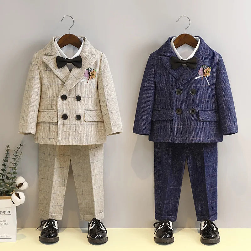 Terno para meninos para casamentos outono cavalheiro xadrez aniversário blazer conjunto 2 a 12 anos