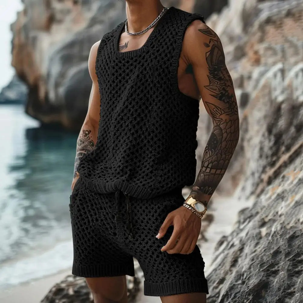 Conjunto de colete e shorts masculino casual sem mangas