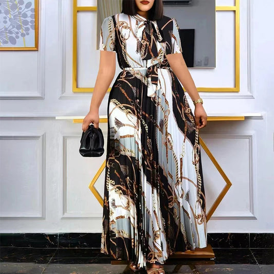 Summer Print Oversized Chic Dress Women Short Sleeve Loose Vestidos De Fiesta Collect Waist Robe Femme Aesthetic Female Clothes
