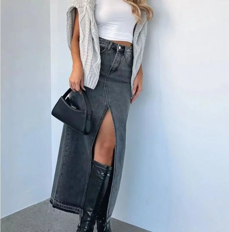 Nova saia jeans feminina de cintura alta