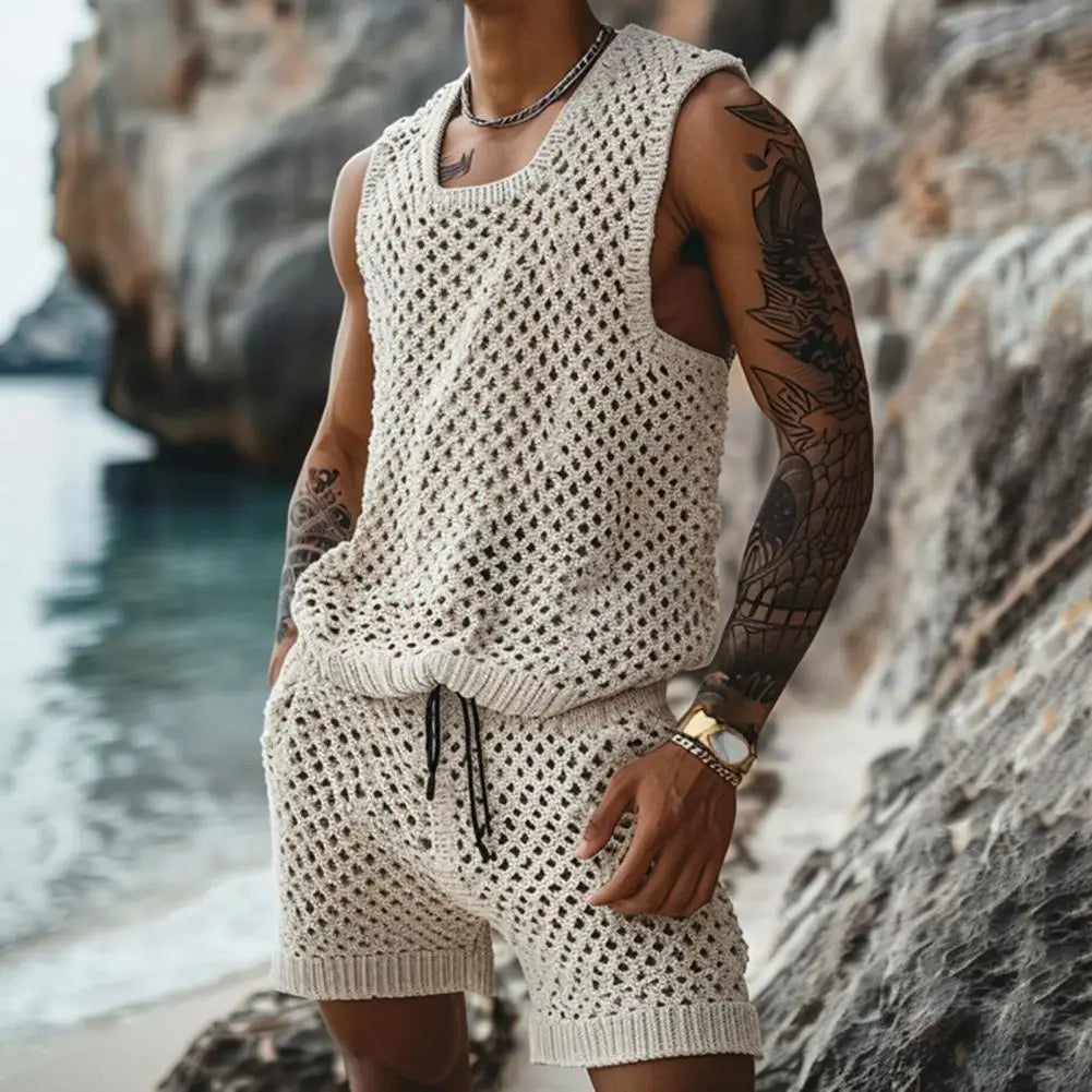 Conjunto de colete e shorts masculino casual sem mangas