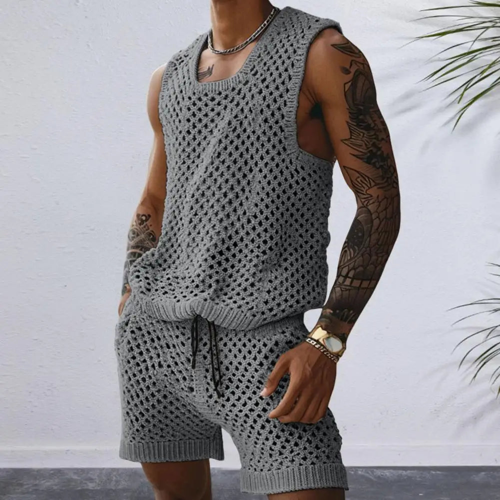 Conjunto de colete e shorts masculino casual sem mangas