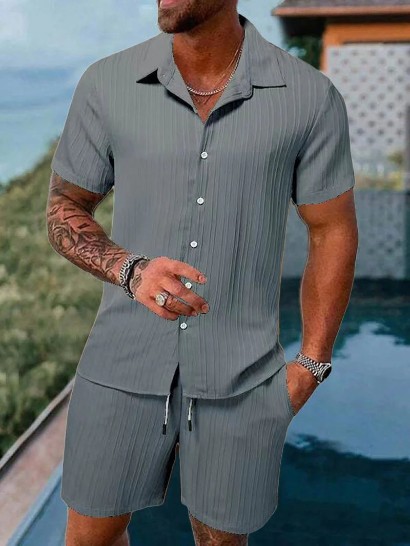 Terno de praia masculino listrado cor sólida
