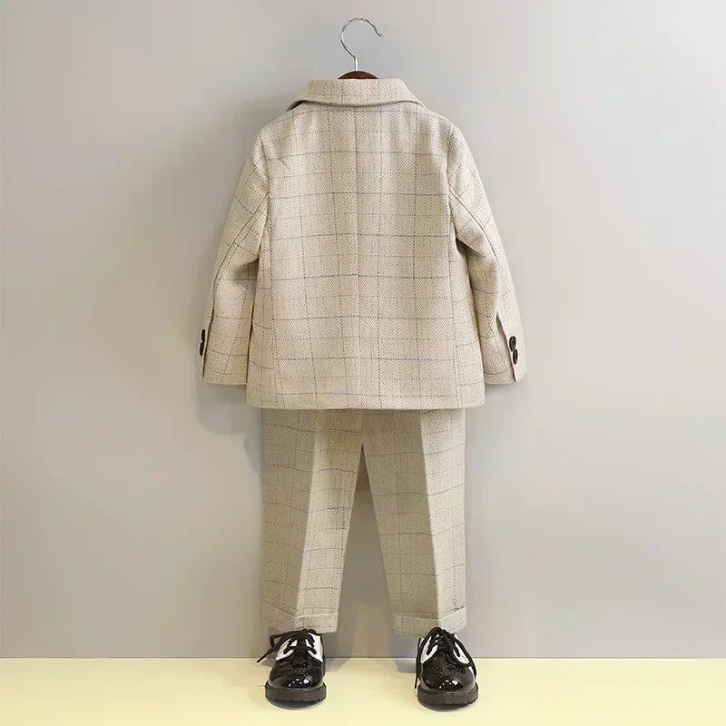 Terno para meninos para casamentos outono cavalheiro xadrez aniversário blazer conjunto 2 a 12 anos