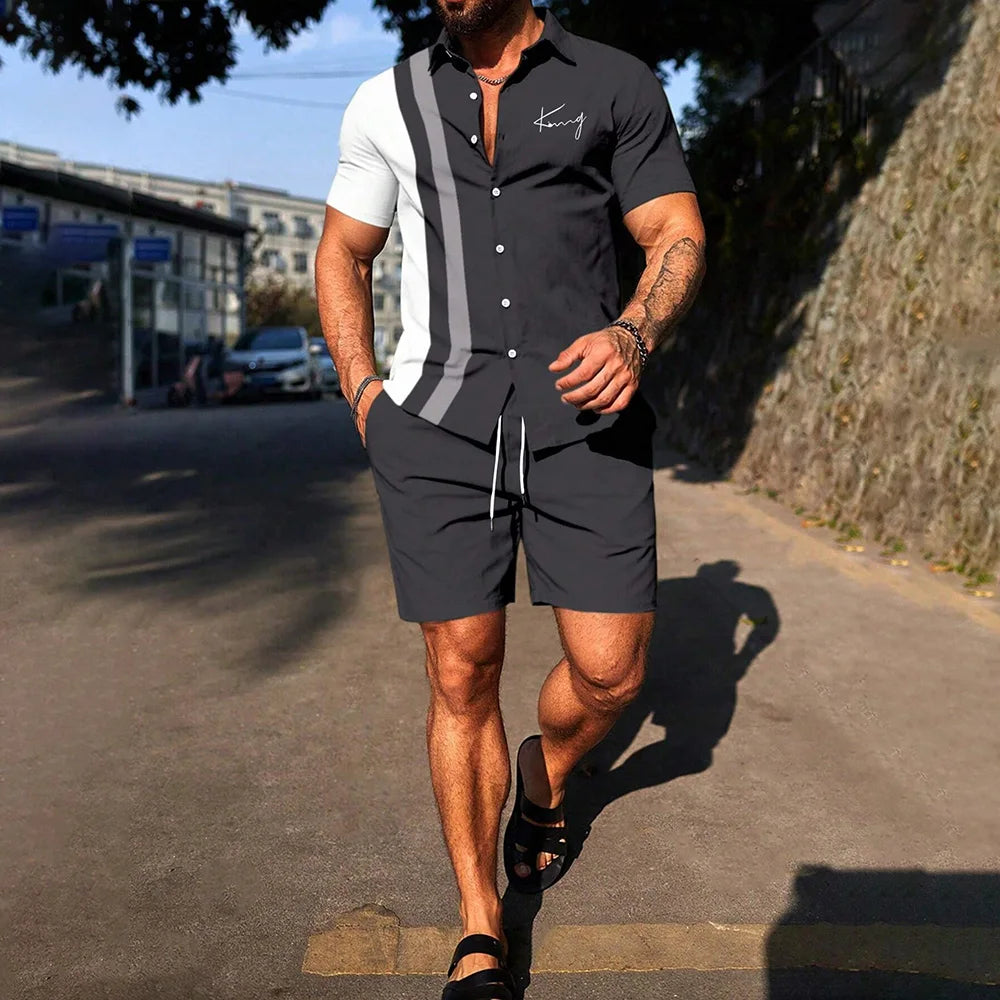 Conjunto de camisa e shorts estampados listrados