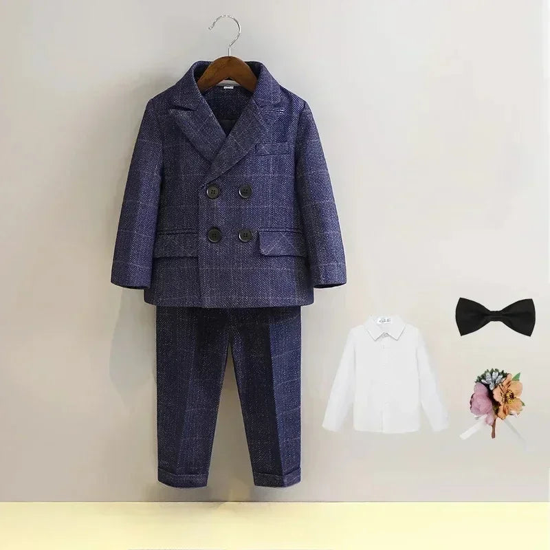 Terno para meninos para casamentos outono cavalheiro xadrez aniversário blazer conjunto 2 a 12 anos