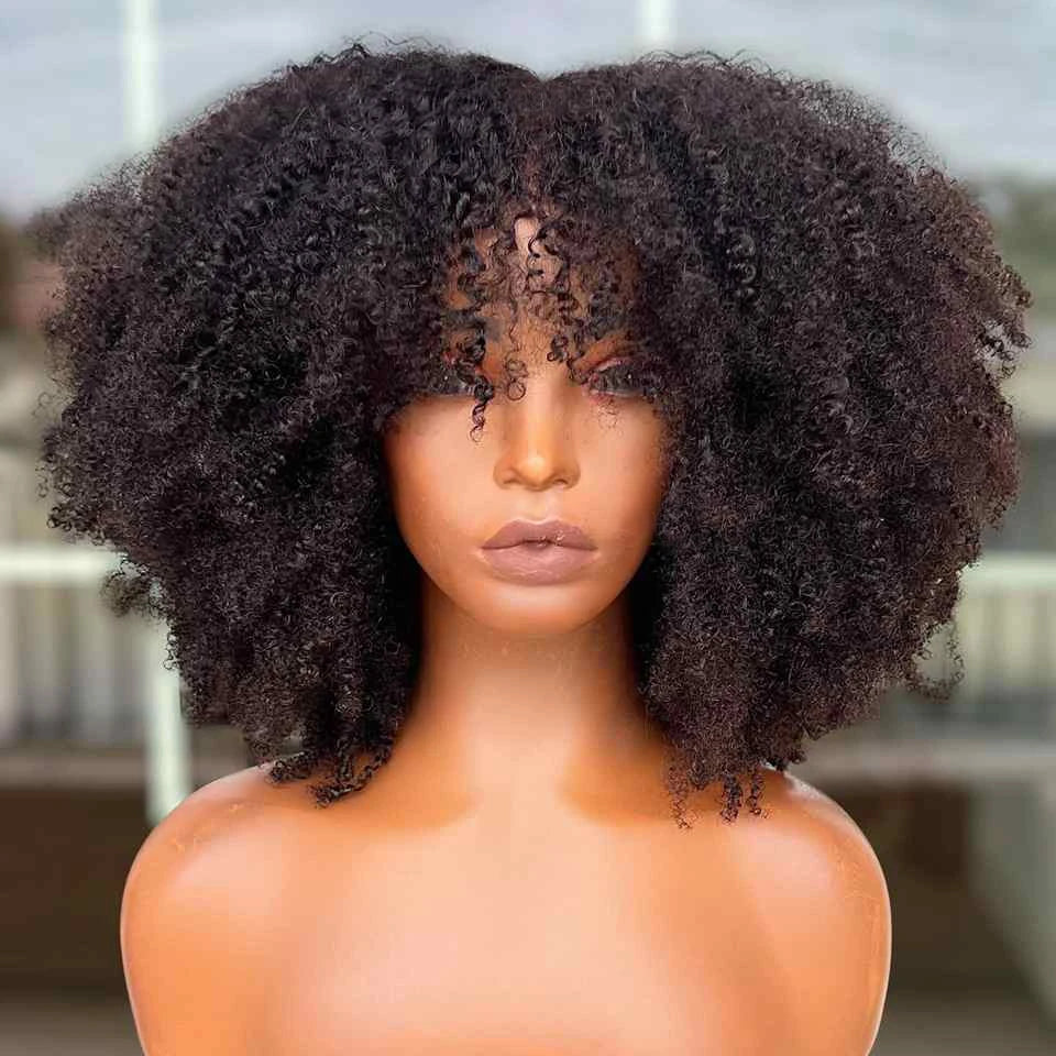 Peruca Curta Afro Kinky Cacheada | Corte Bob | Cor Vermelho Borgonha 99J | Sem Cola | Feita à Máquina | Cabelo Humano Indiano Remy com Franja | Preço Acessível