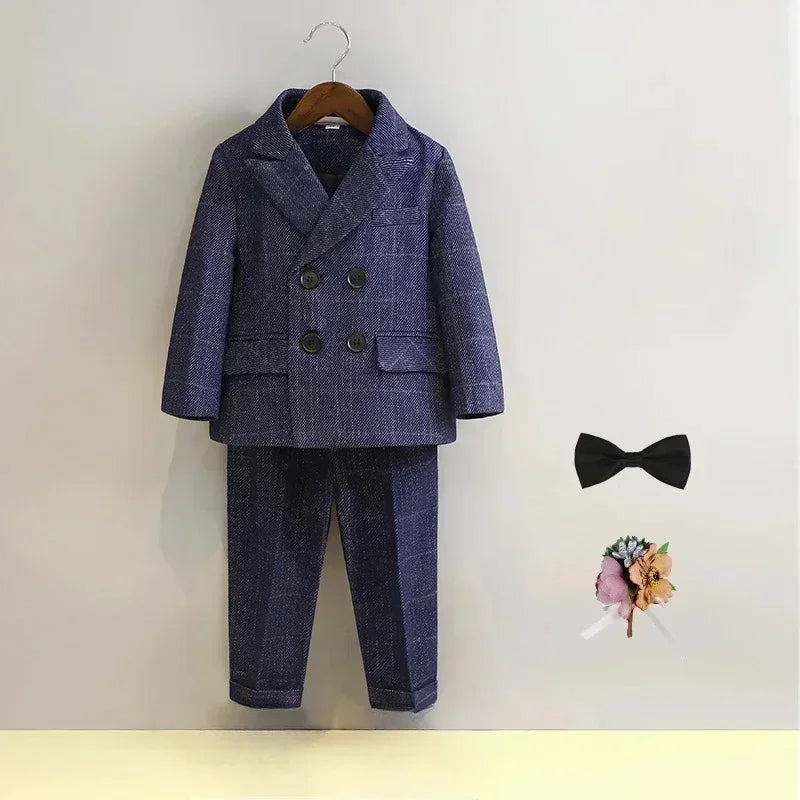 Terno para meninos para casamentos outono cavalheiro xadrez aniversário blazer conjunto 2 a 12 anos