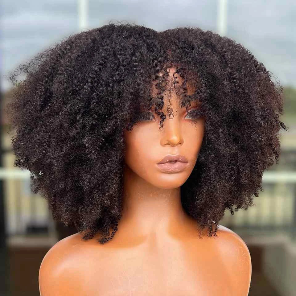 Peruca Curta Afro Kinky Cacheada | Corte Bob | Cor Vermelho Borgonha 99J | Sem Cola | Feita à Máquina | Cabelo Humano Indiano Remy com Franja | Preço Acessível