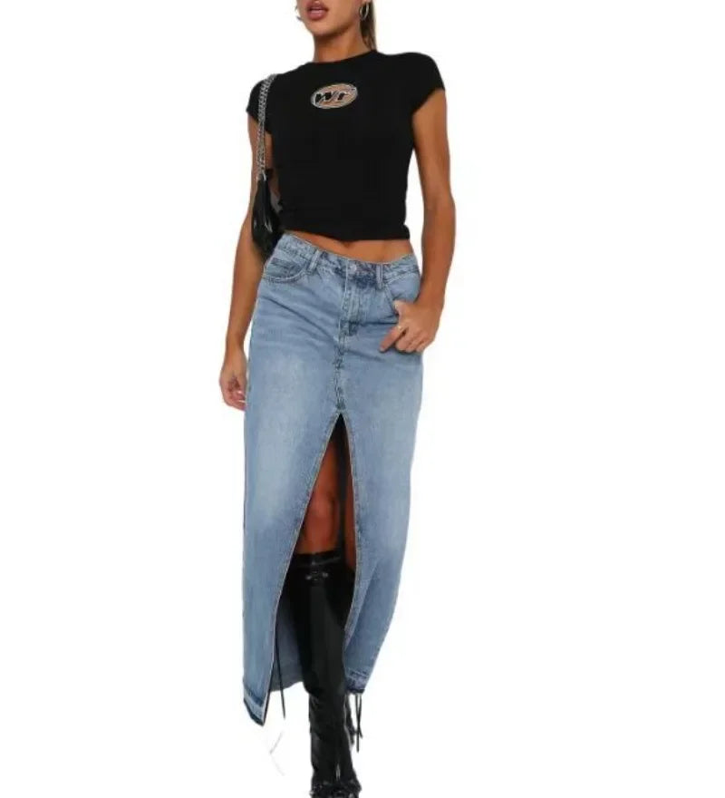 Nova saia jeans feminina de cintura alta